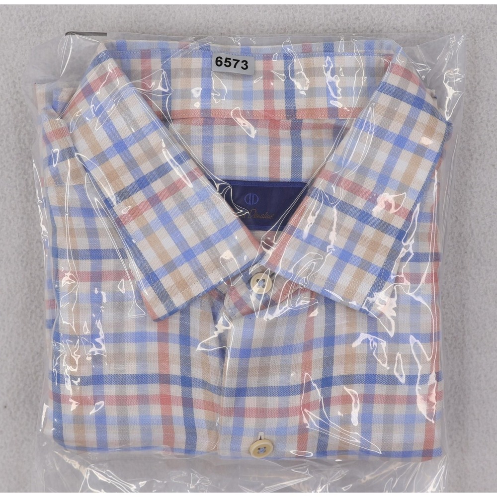 David Donahue Shirt Mens Medium Blue Pink Tan Plaid Short Sleeve Linen Blend - Picture 12 of 12